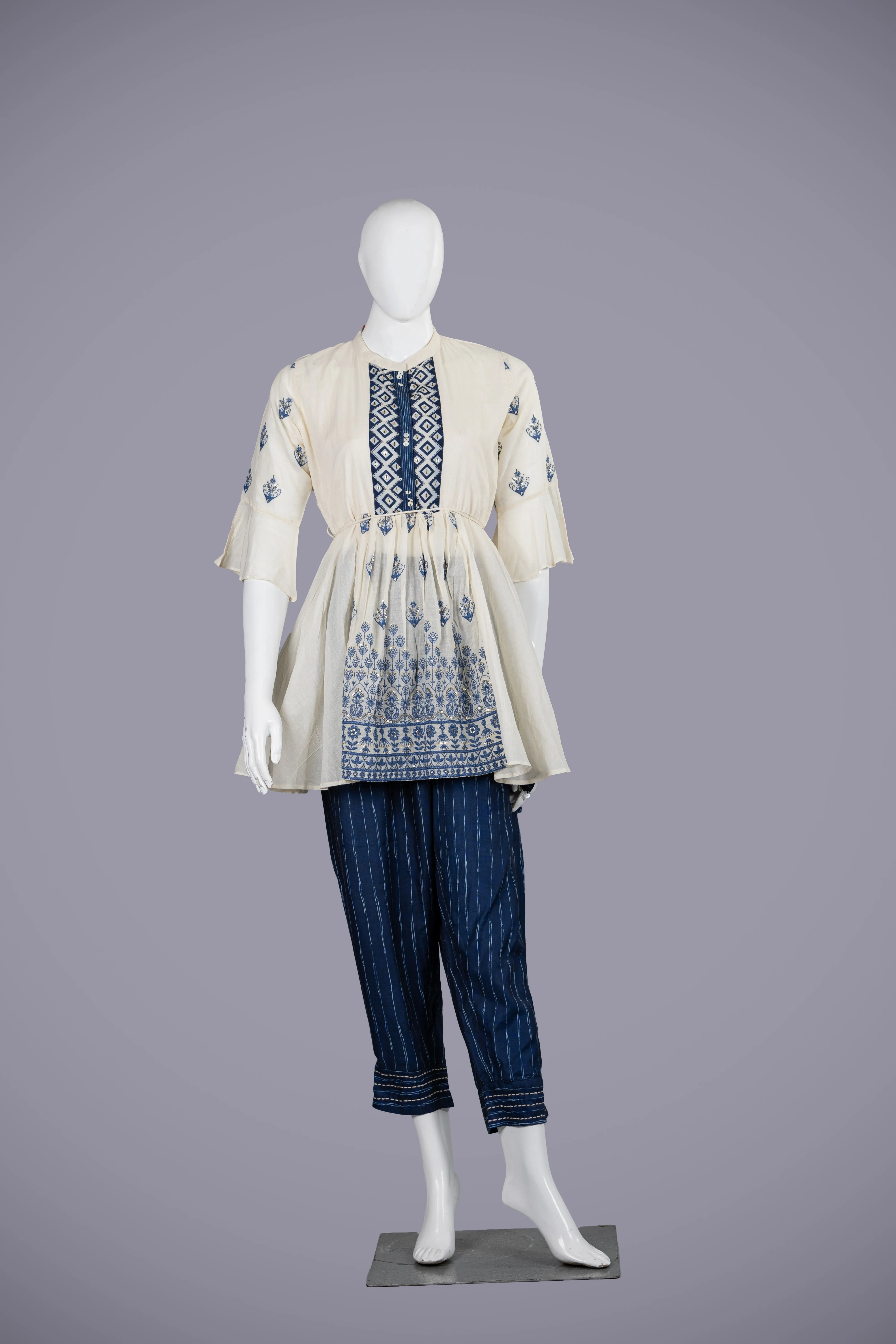 Cream & Blue Cotton Kurti Set with Exquisite Resham Work