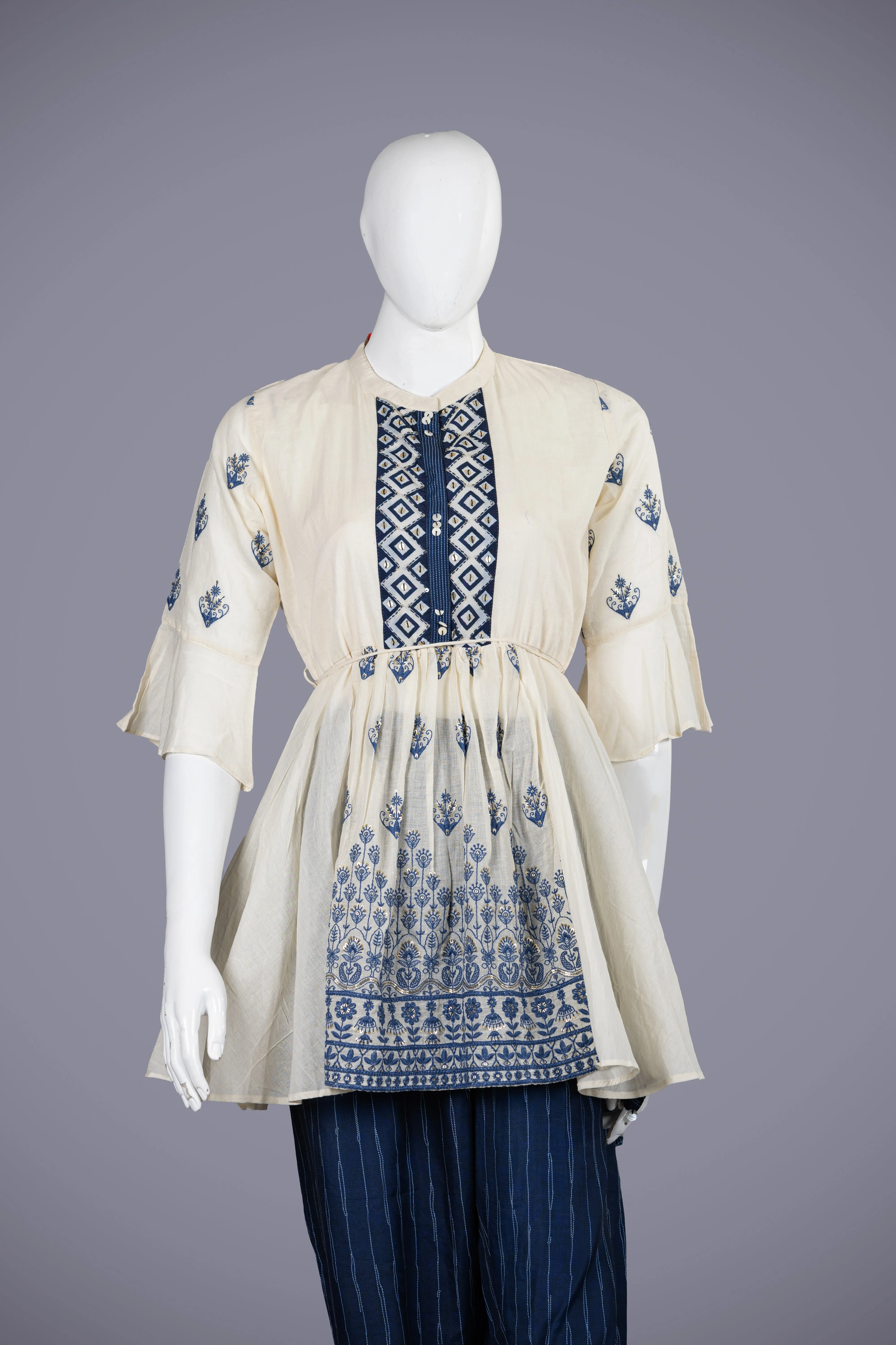 Cream & Blue Cotton Kurti Set with Exquisite Resham Work