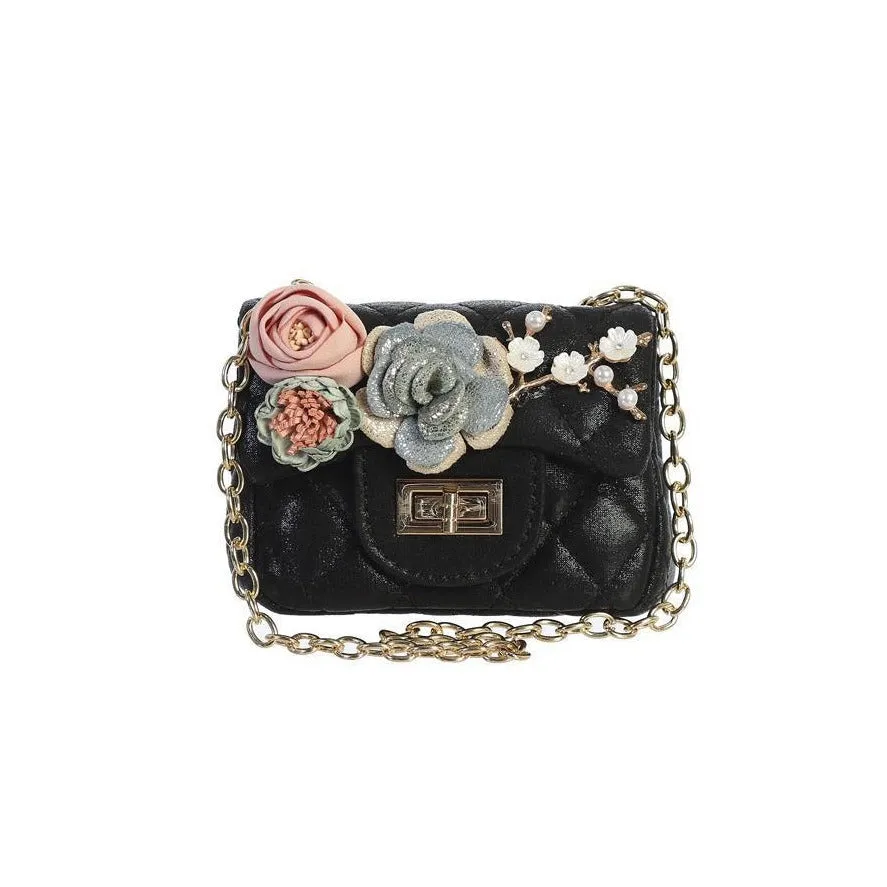 Dear Ellie Mini Metallic Handbag with Flowers - Black