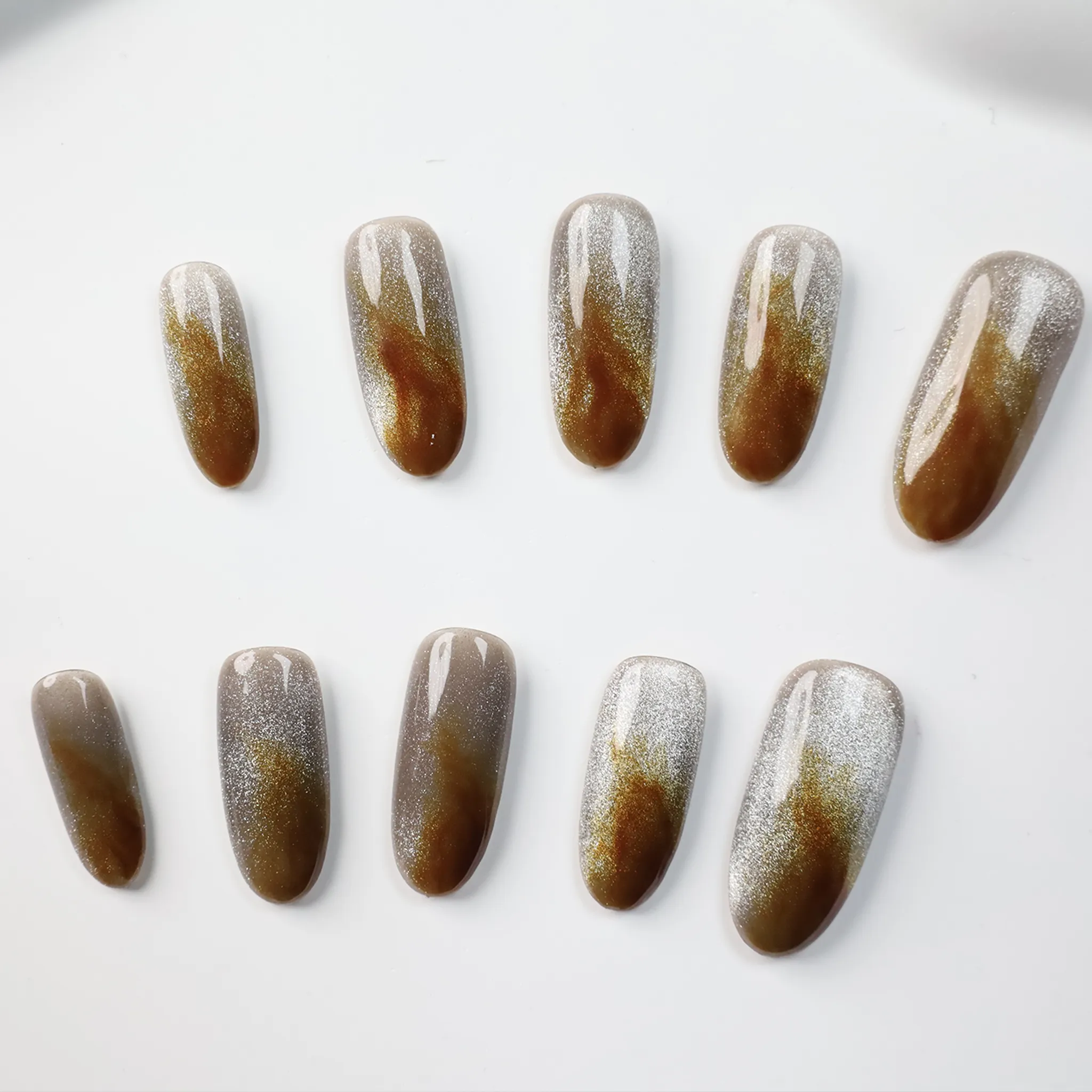 Elegant Brown Marble Press On Nails with white Swirls, Luxury Handmade Medium Oval Fake Nails, Reusable nails, Gel Nails