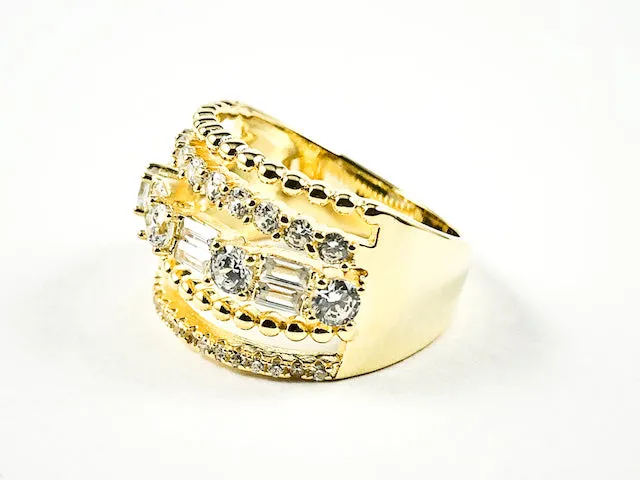 Elegant Fine Multi Row Unique Pattern Band CZ Gold Tone Silver Ring