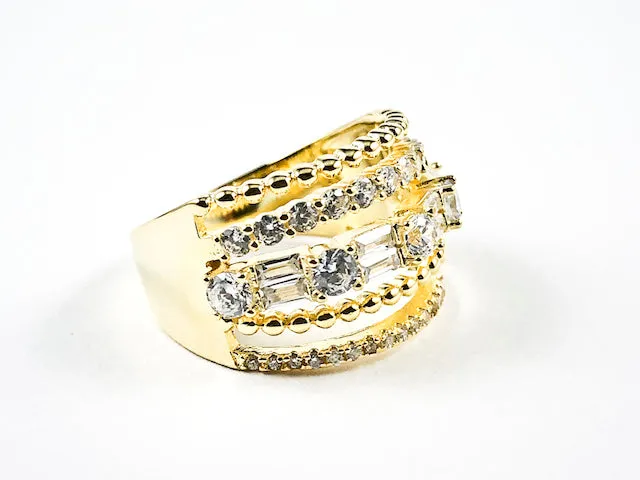 Elegant Fine Multi Row Unique Pattern Band CZ Gold Tone Silver Ring