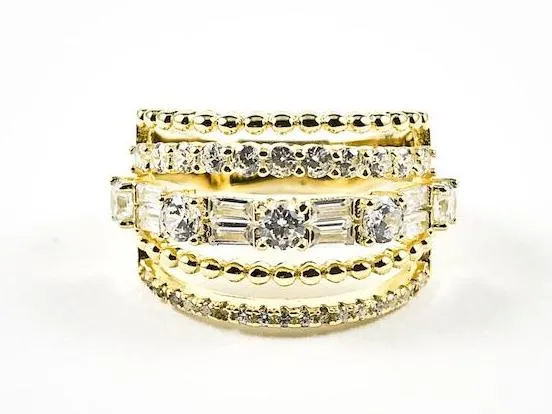 Elegant Fine Multi Row Unique Pattern Band CZ Gold Tone Silver Ring