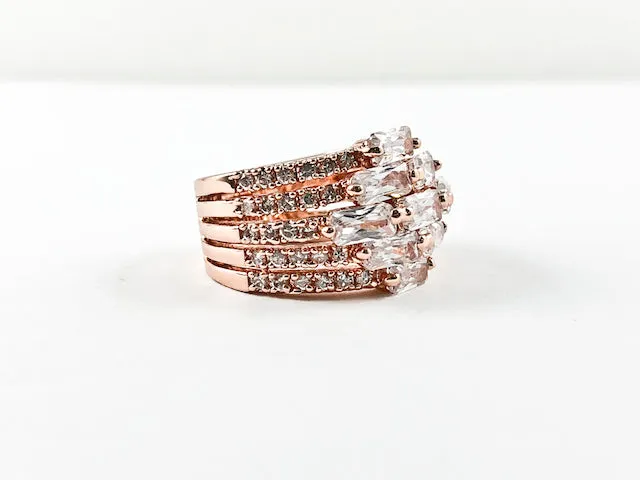 Elegant Multi Row & Level CZ Design Rose Gold Brass Ring