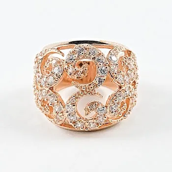 Elegant Swirl Design CZ Rose Gold Tone Silver Ring