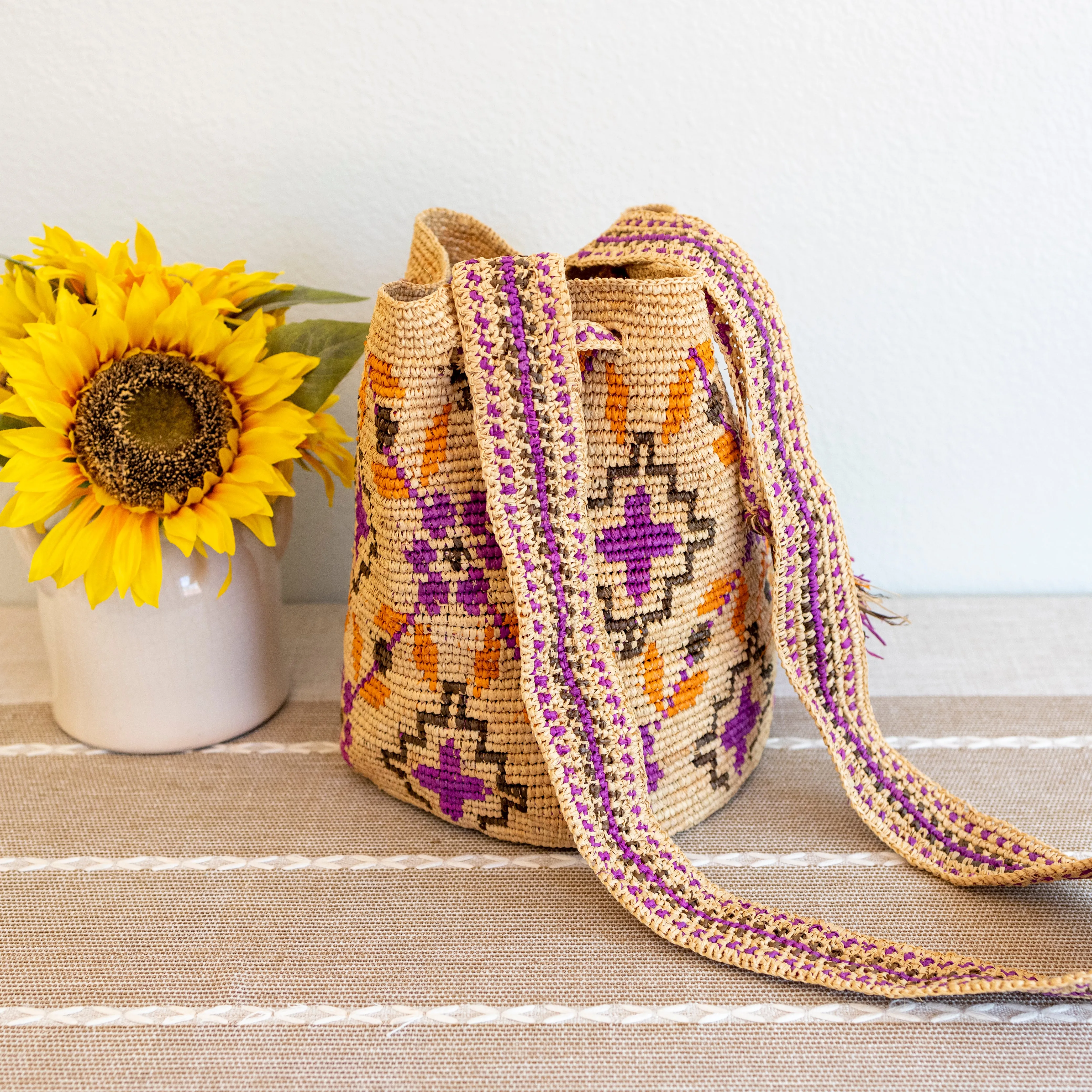 Elena Handbags Women's Raffia Straw Pink Wayuu Crossbody Bucket Bag