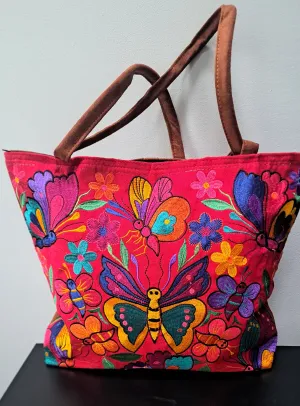 Embroidered Floral Butterfly Large Suede Tote Bag, Red Combo Color