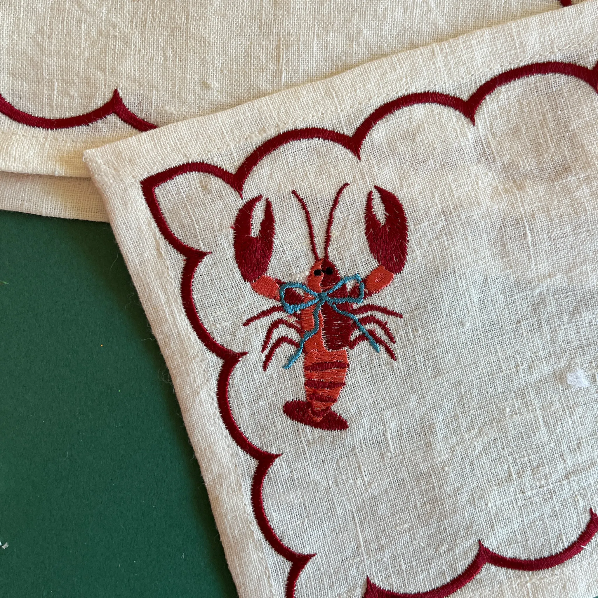 Embroidered Lobster Linen Cocktail Napkins/Coasters, Set of 4