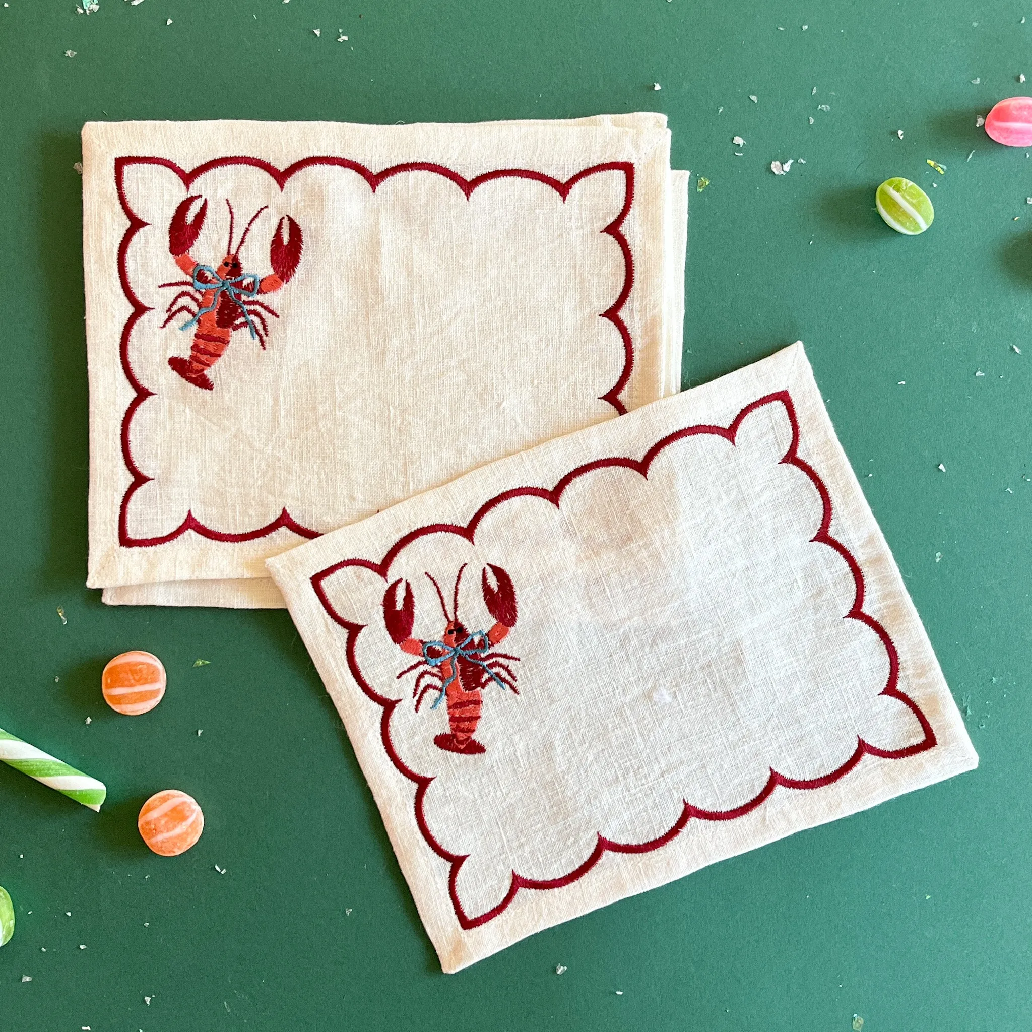 Embroidered Lobster Linen Cocktail Napkins/Coasters, Set of 4