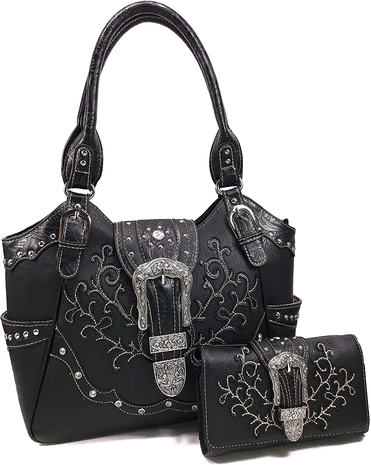 Embroidery Buckle Concealed Carry Shoulder Handbag with Cross-Body Wallet