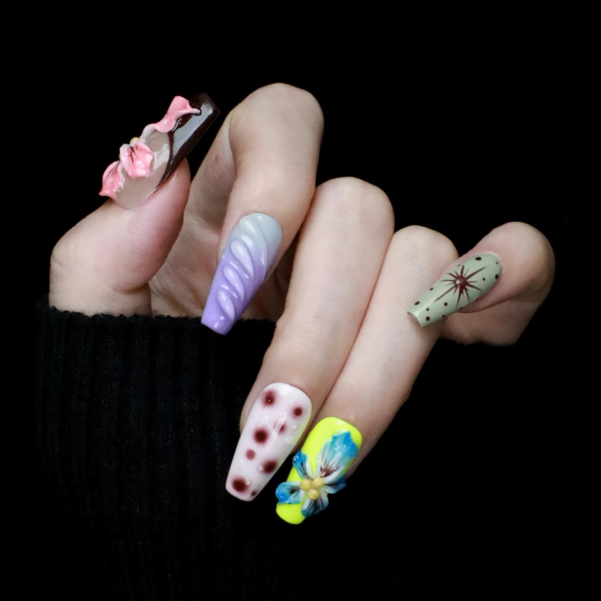 Ethereal Blossom Custom Press On Nails | 3D Floral Elegance Handcrafted Nails | Short Trapezoid Fake Nails | Party, Birthday, Everyday Look