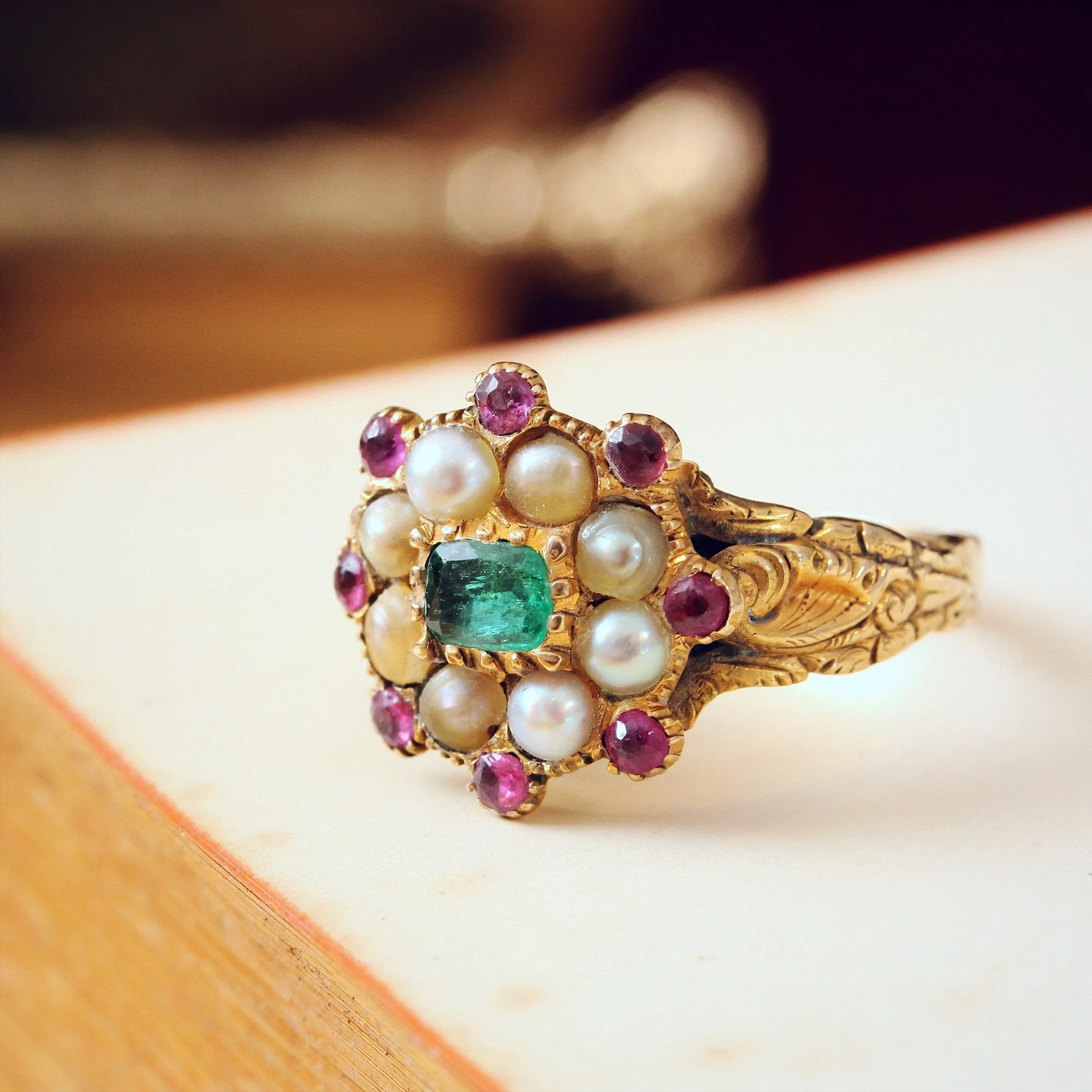 Exquisite Antique Georgian Emerald, Pearl and Ruby Ring