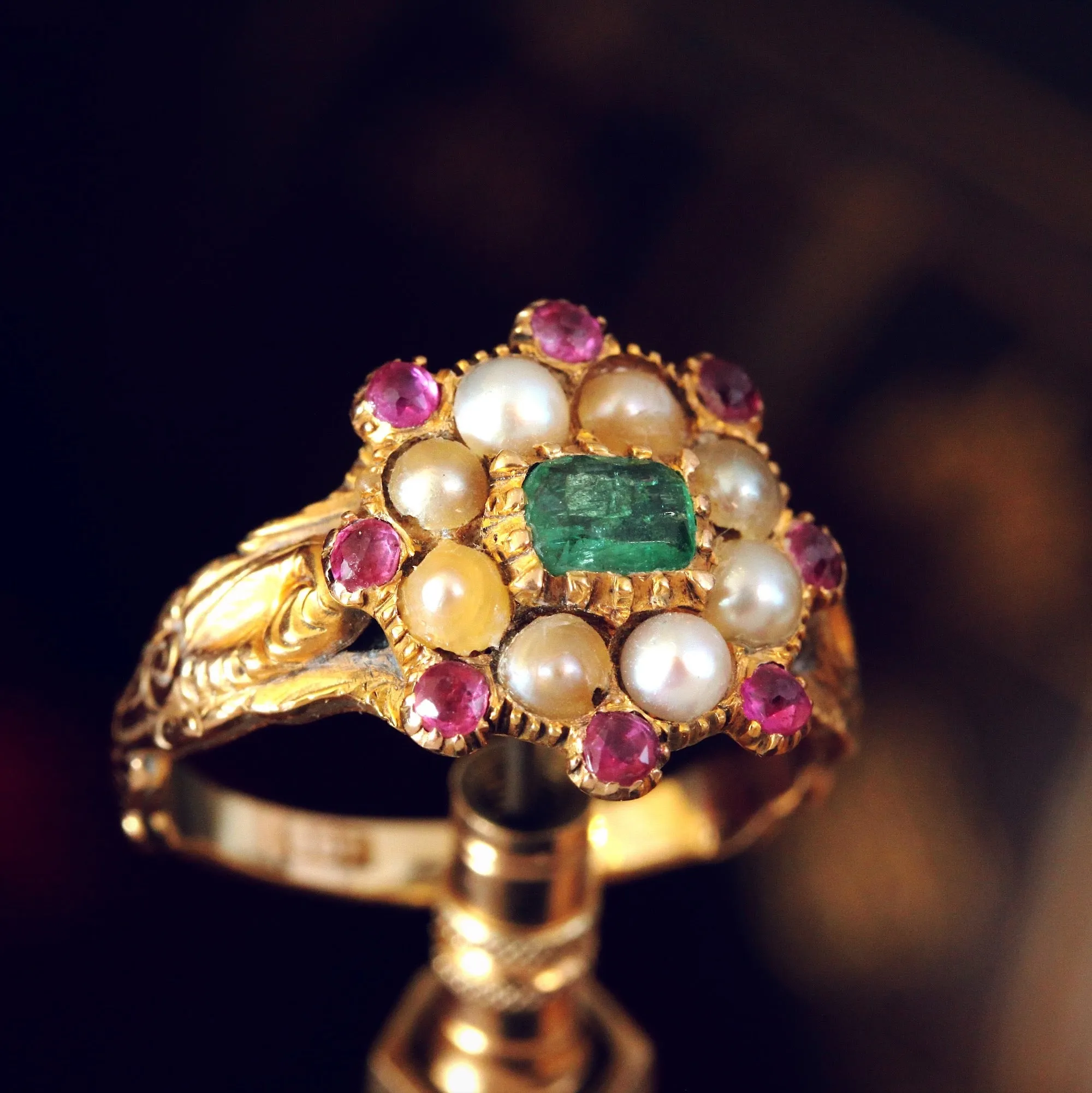 Exquisite Antique Georgian Emerald, Pearl and Ruby Ring