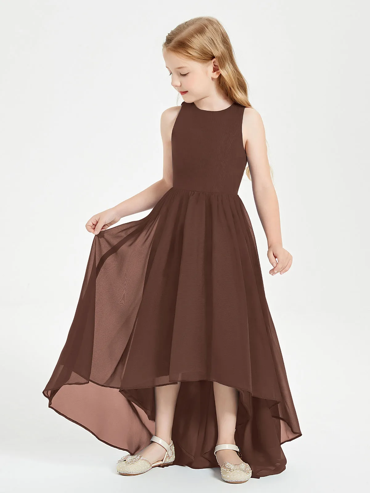 Exquisite Asymmetrical Junior Bridesmaid Dresses Scoop Neck Chocolate