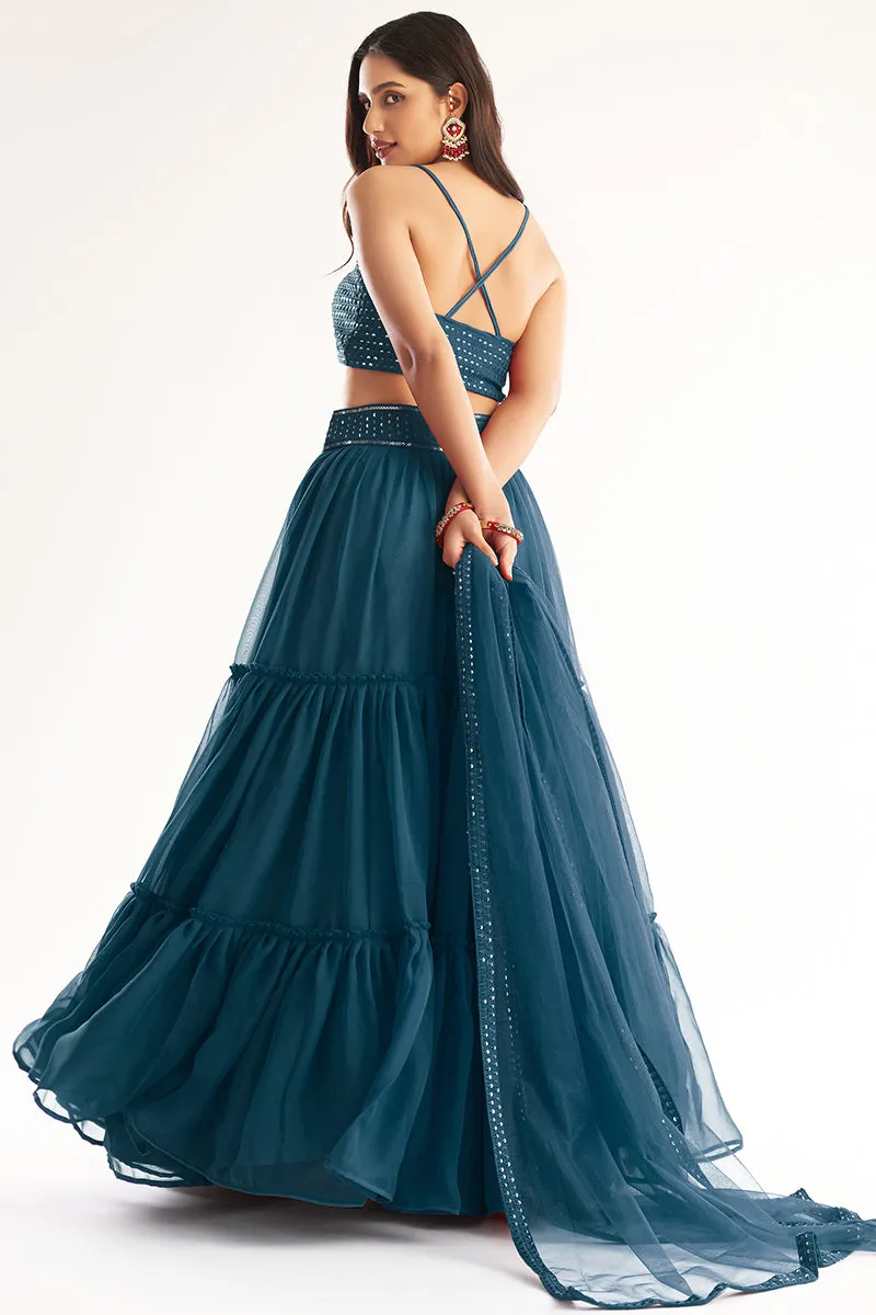 Exquisite Blue Ruffle Style Georgette Festive Lehenga Choli