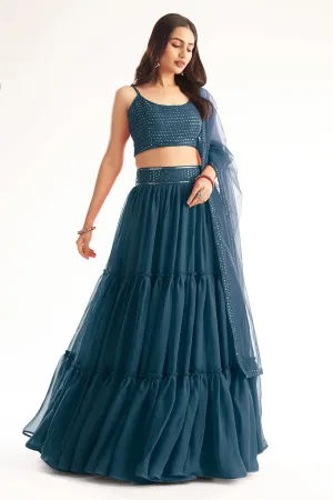 Exquisite Blue Ruffle Style Georgette Festive Lehenga Choli