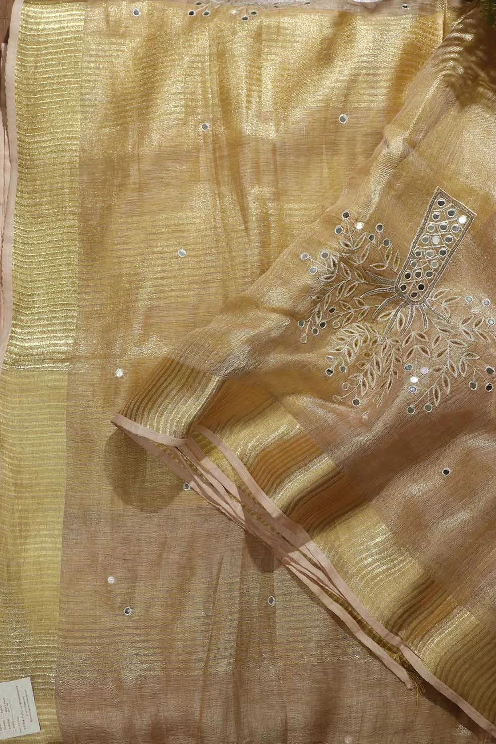 Exquisite Golden Hand Embroidered Linen Tissue Cutwork Saree