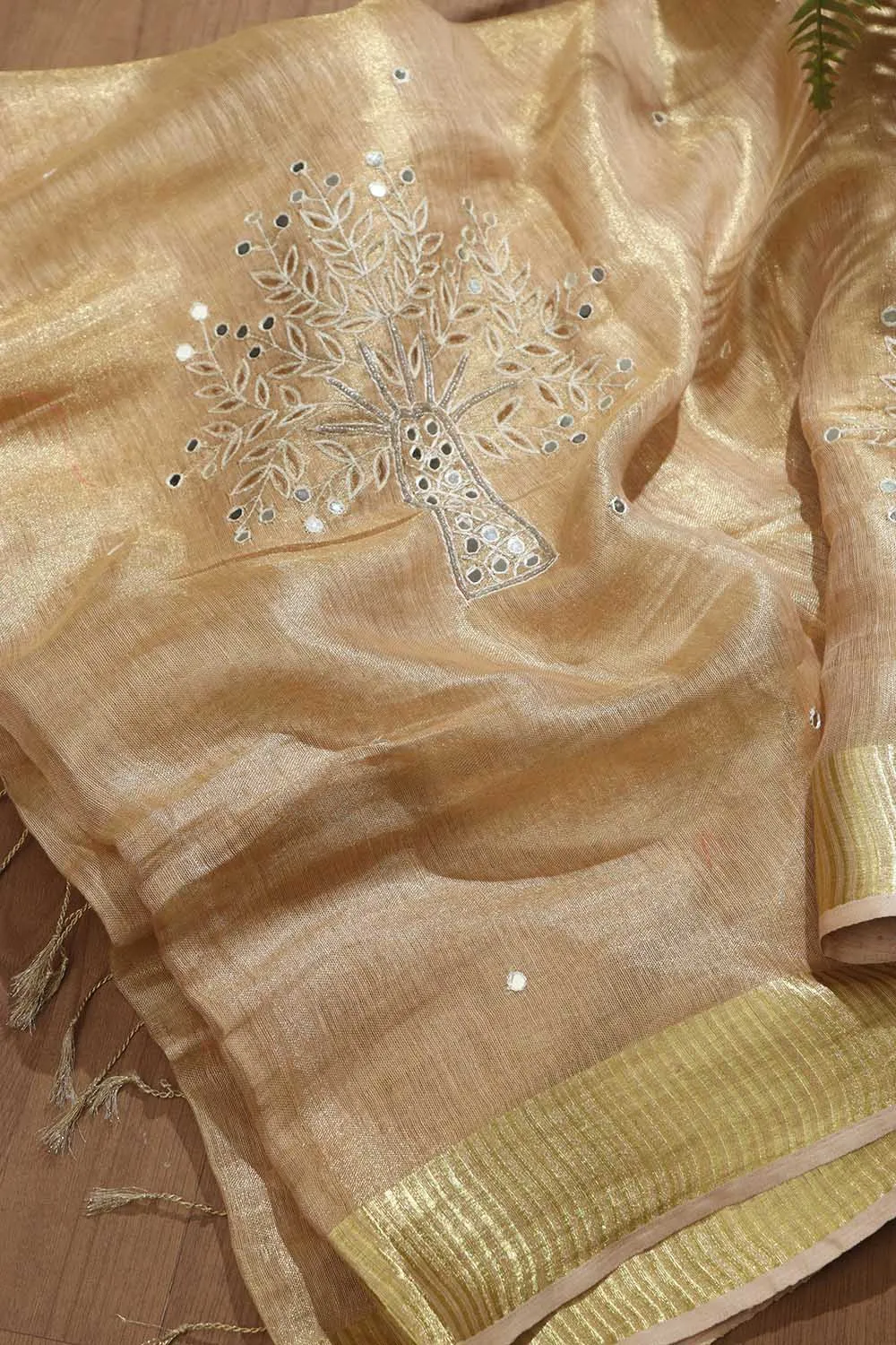 Exquisite Golden Hand Embroidered Linen Tissue Cutwork Saree