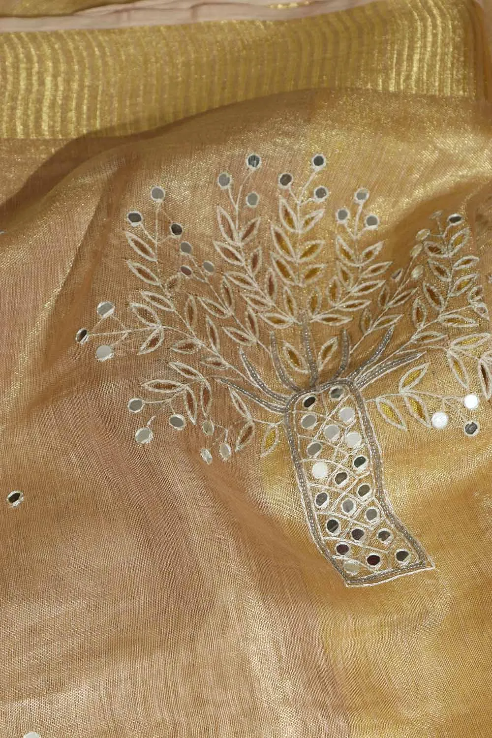 Exquisite Golden Hand Embroidered Linen Tissue Cutwork Saree