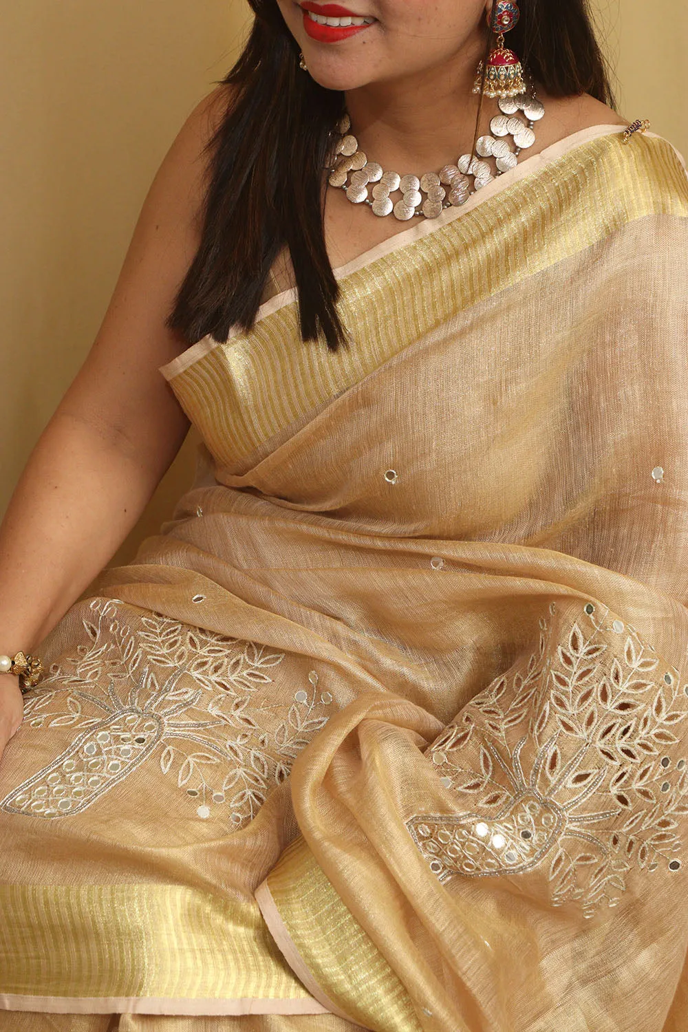 Exquisite Golden Hand Embroidered Linen Tissue Cutwork Saree