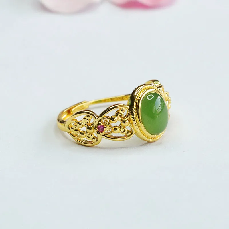 Exquisite Hetian Jade and Jasper Sterling Silver Hollow Ring