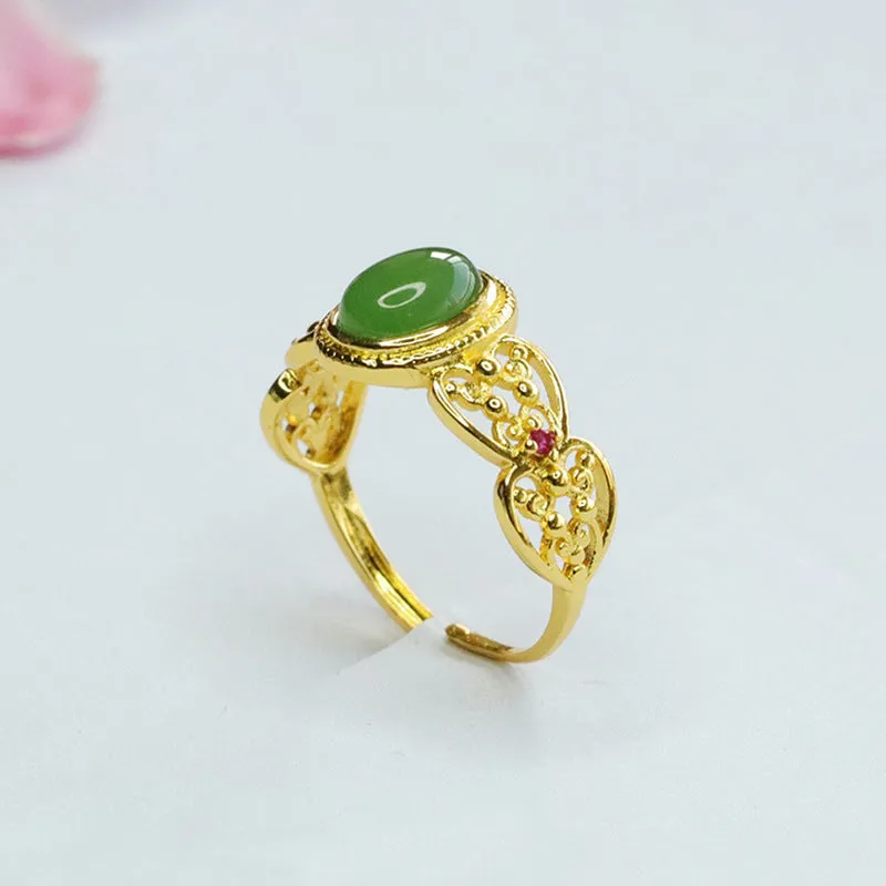 Exquisite Hetian Jade and Jasper Sterling Silver Hollow Ring