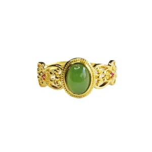 Exquisite Hetian Jade and Jasper Sterling Silver Hollow Ring