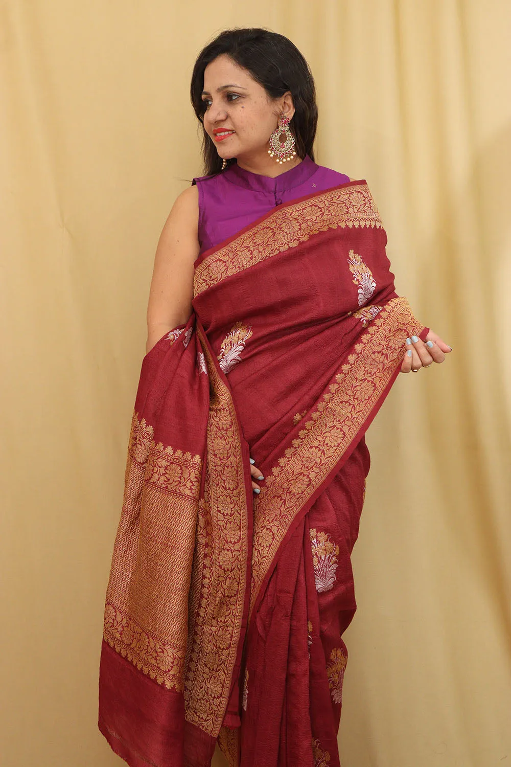 Exquisite Maroon Banarasi Tussar Georgette Saree