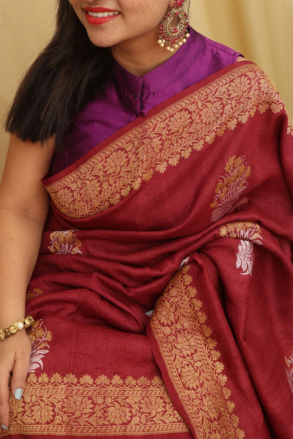 Exquisite Maroon Banarasi Tussar Georgette Saree