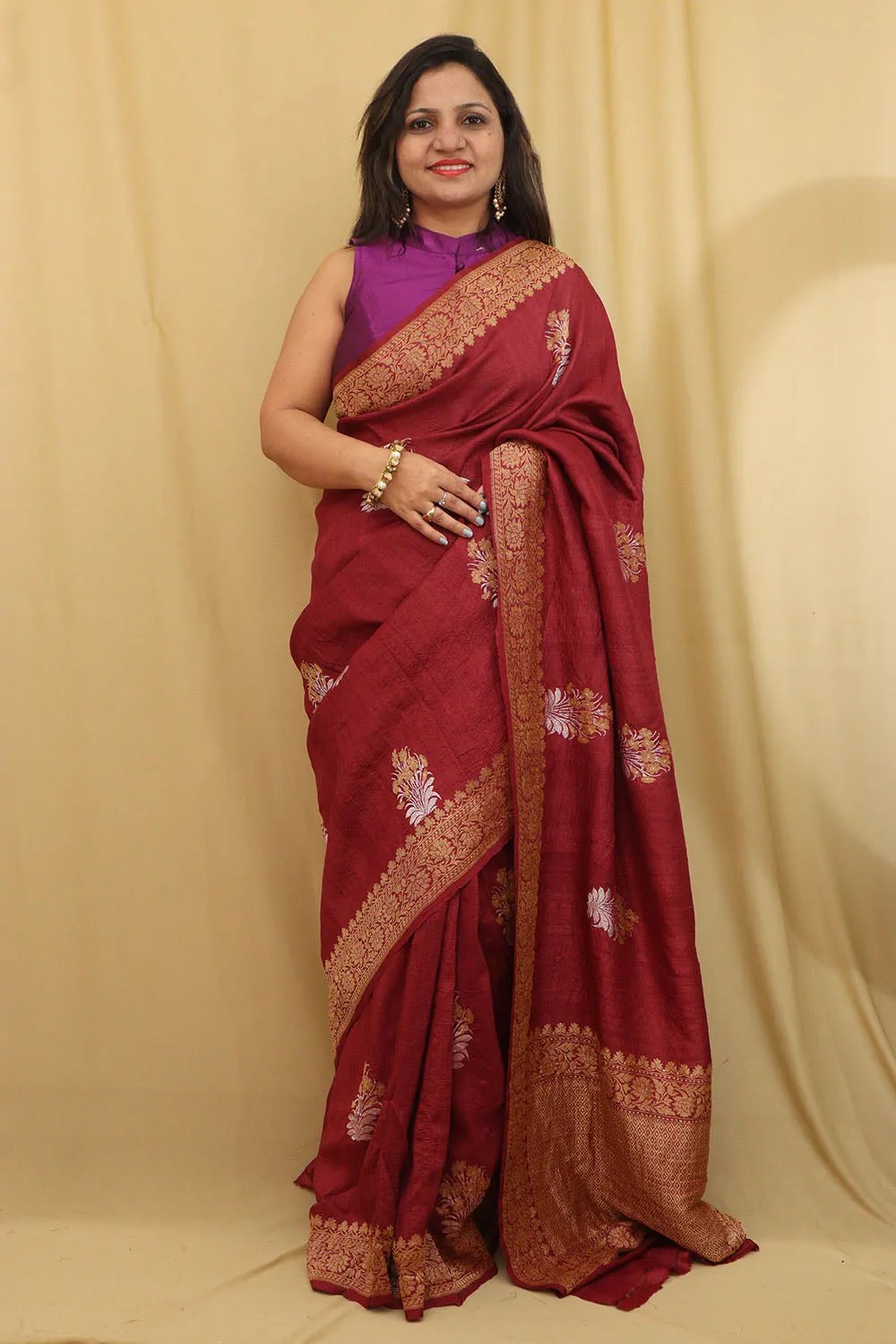 Exquisite Maroon Banarasi Tussar Georgette Saree