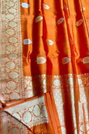 Exquisite Orange Banarasi Silk Saree Handloom