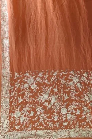 Exquisite Orange Parsi Gara Hand Embroidered Crepe Saree