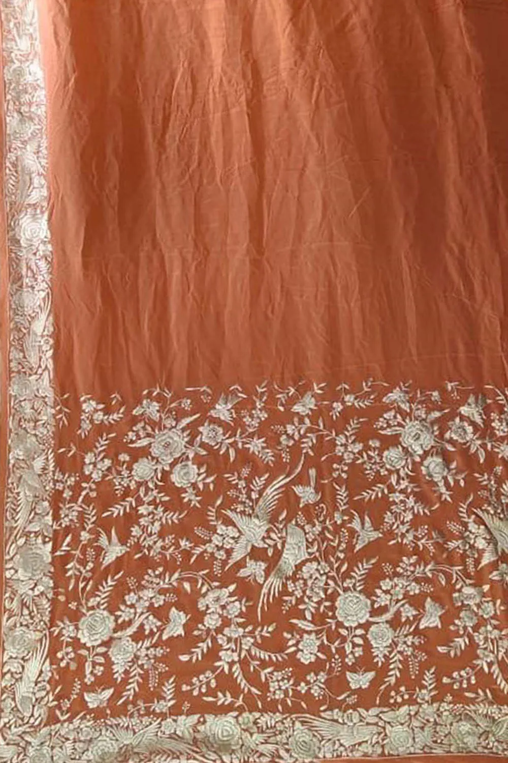 Exquisite Orange Parsi Gara Hand Embroidered Crepe Saree