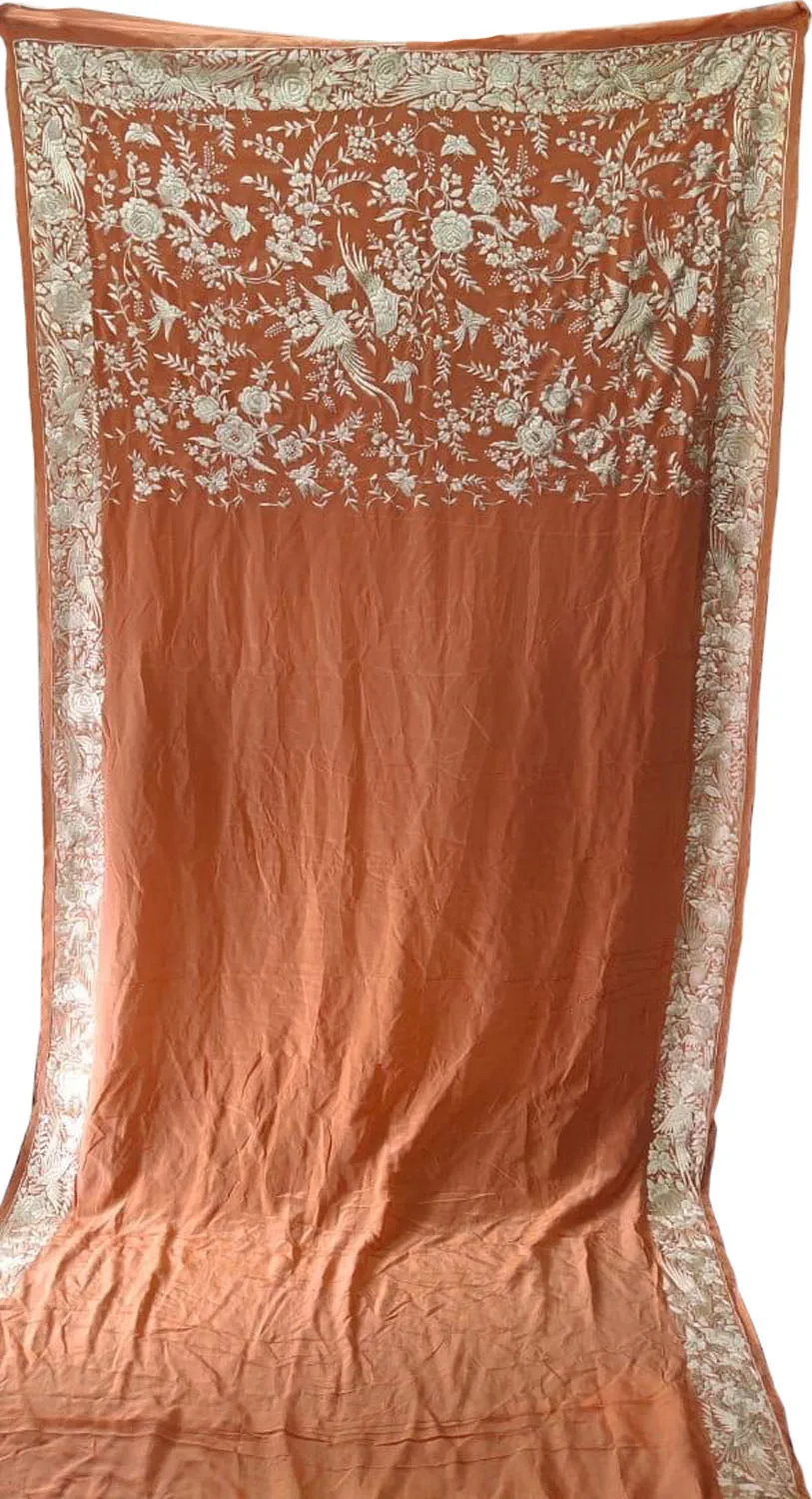 Exquisite Orange Parsi Gara Hand Embroidered Crepe Saree