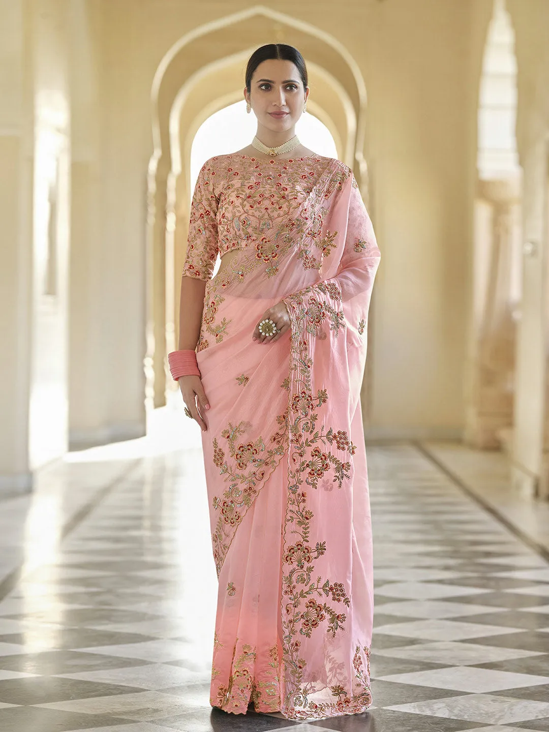 Exquisite Peach Organza Saree With Heavy Jari Work & Embroidery