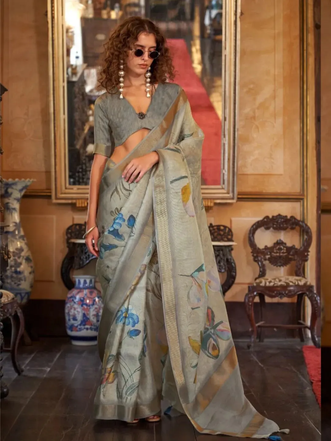 Exquisite Soft Weaved Digital Printed Grey Saree