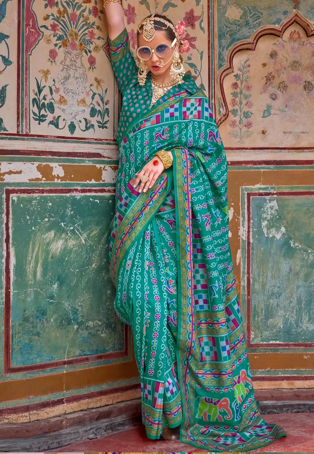 Exquisite Turquoise Traditional Printed Silk Saree