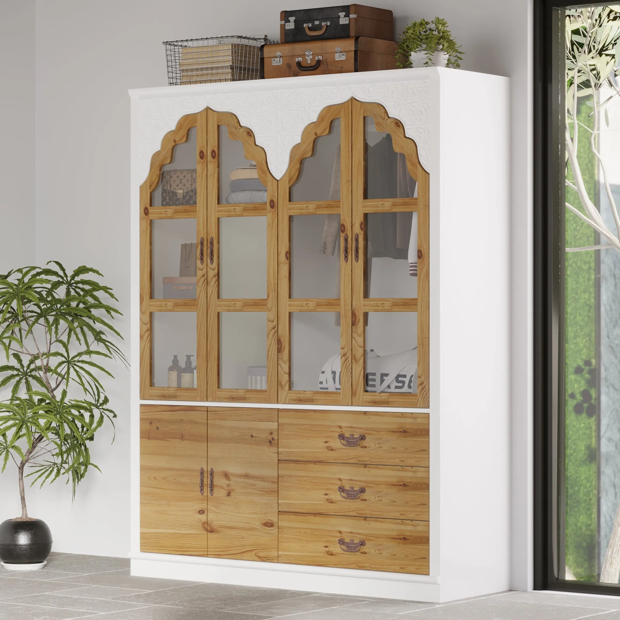 Exquisite Wardrobe With Tempered Glass Door and Beautiful Carvings