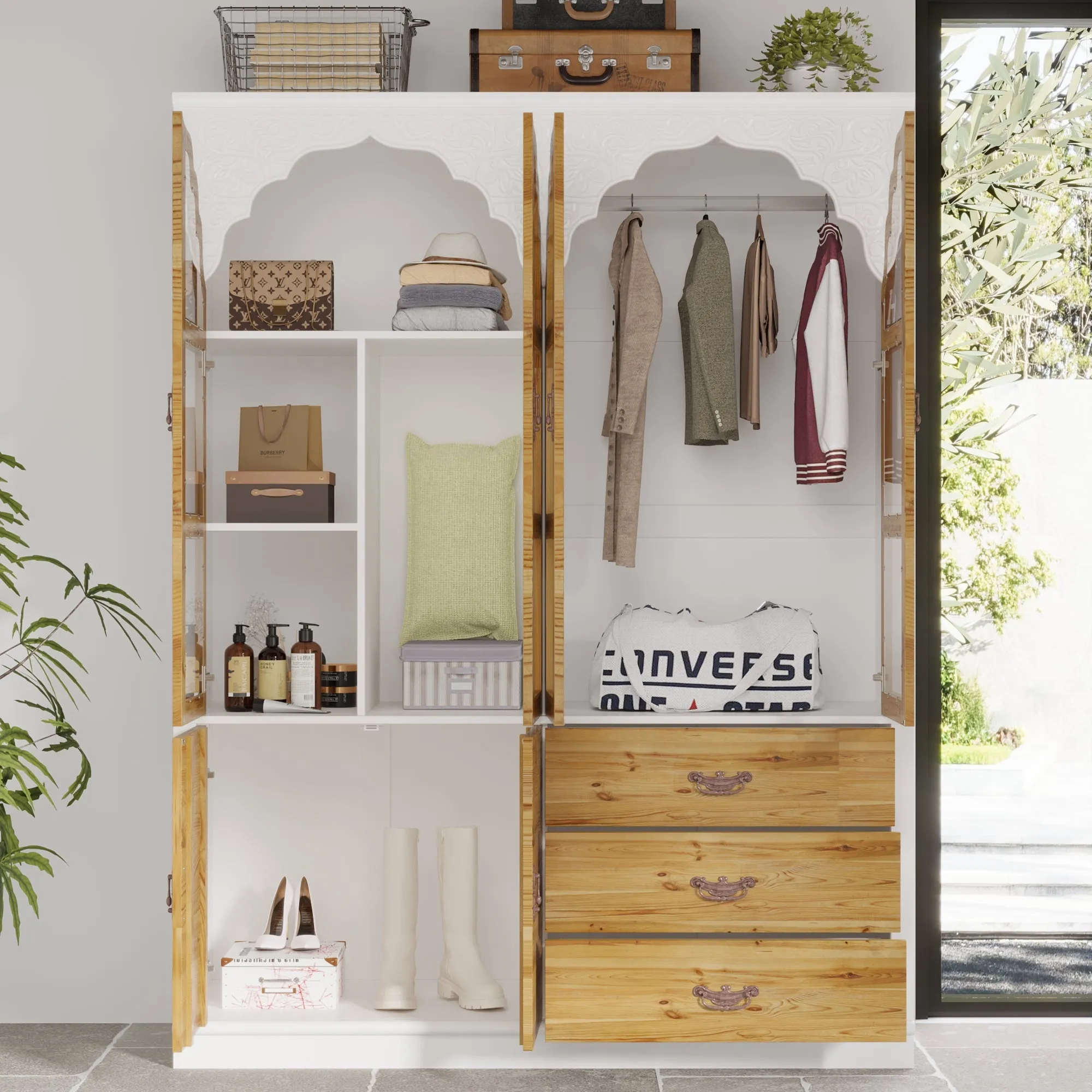 Exquisite Wardrobe With Tempered Glass Door and Beautiful Carvings