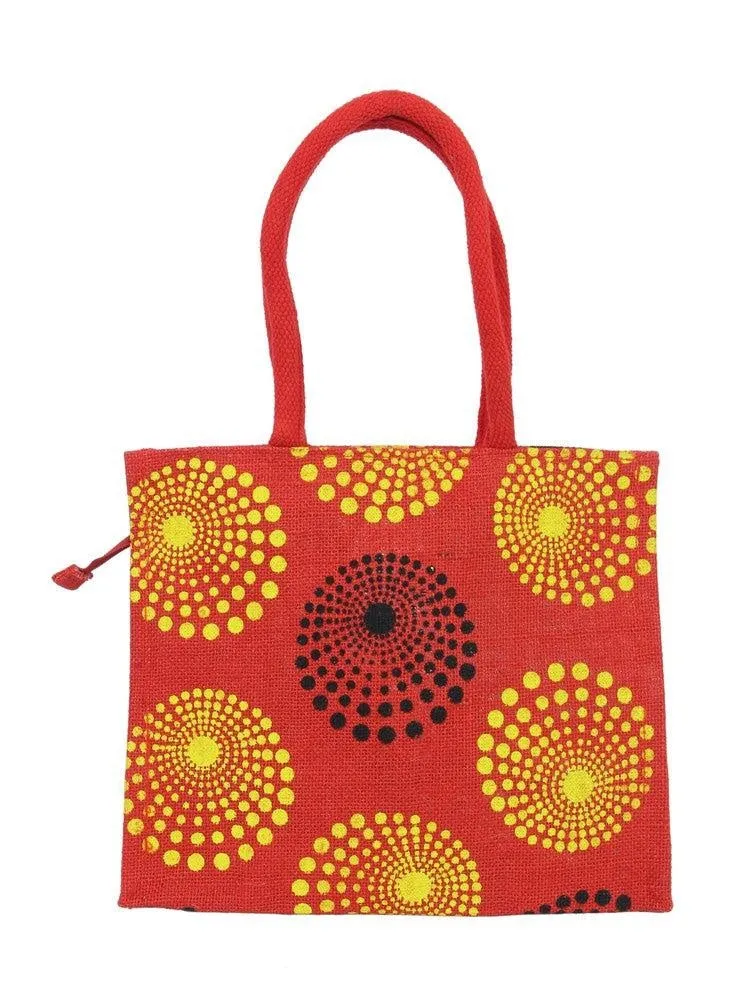 FabSeasons Red circles printed Jute Lunch Bag