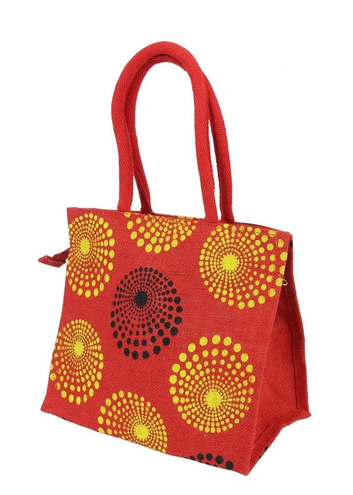 FabSeasons Red circles printed Jute Lunch Bag