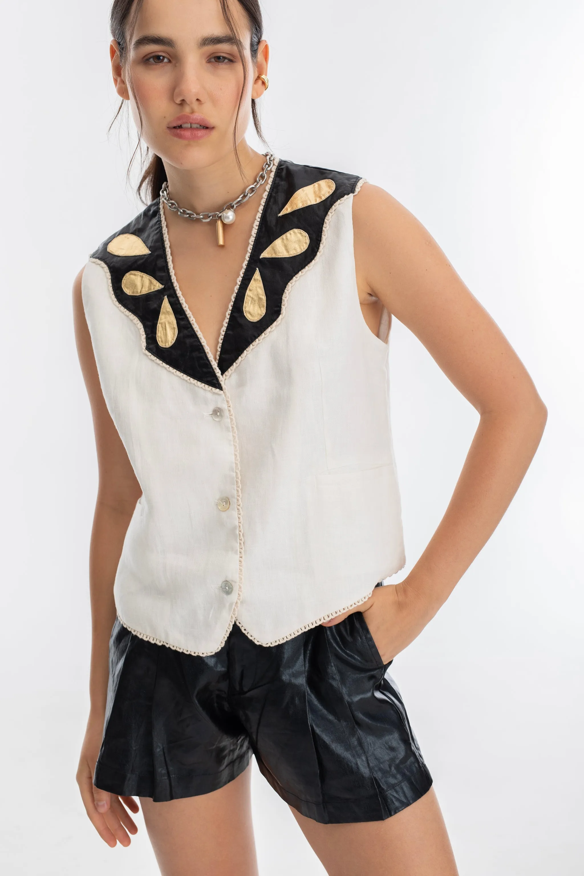 Far West Linen Vest - Off-White with Metallic Black and Gold Appliques