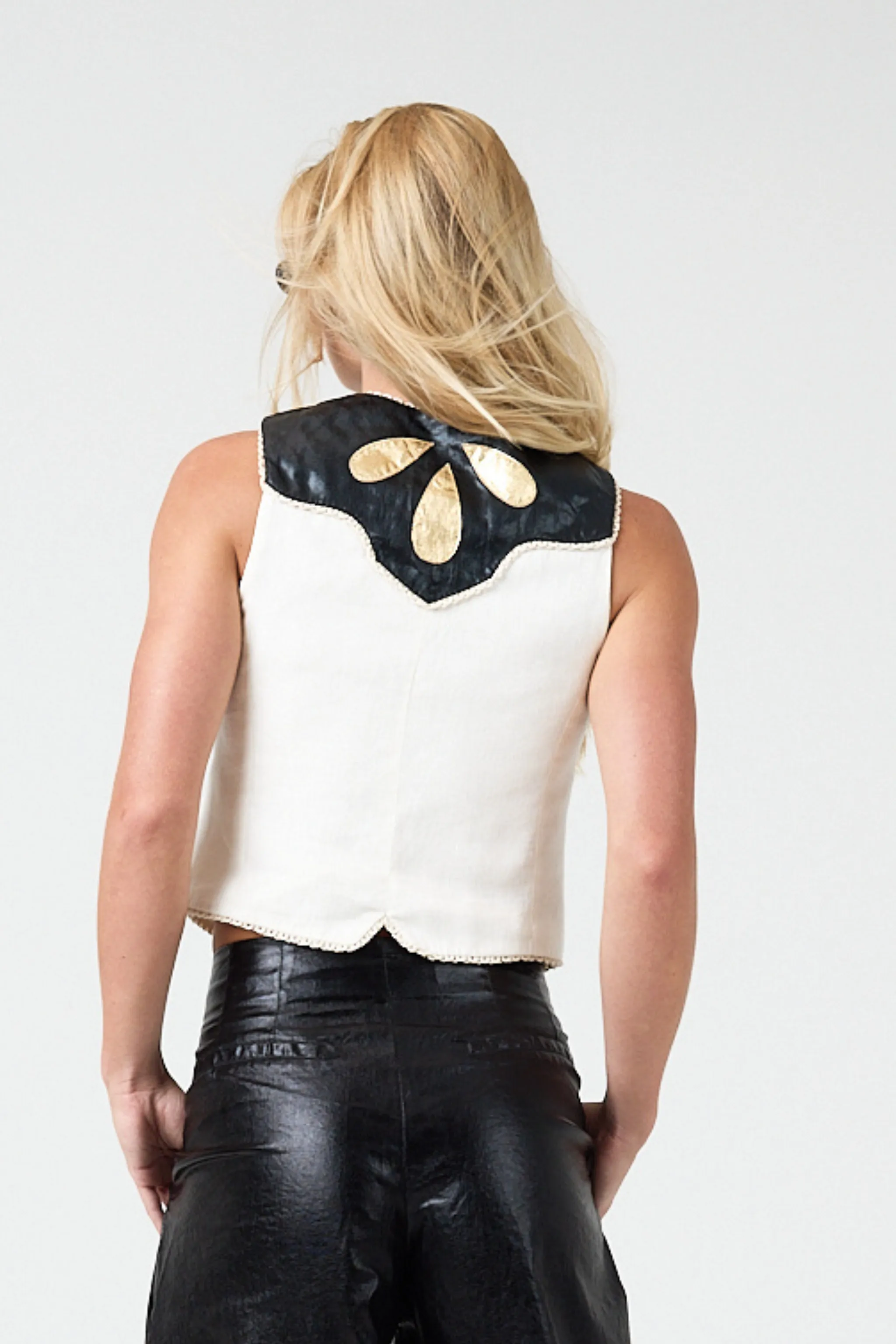 Far West Linen Vest - Off-White with Metallic Black and Gold Appliques