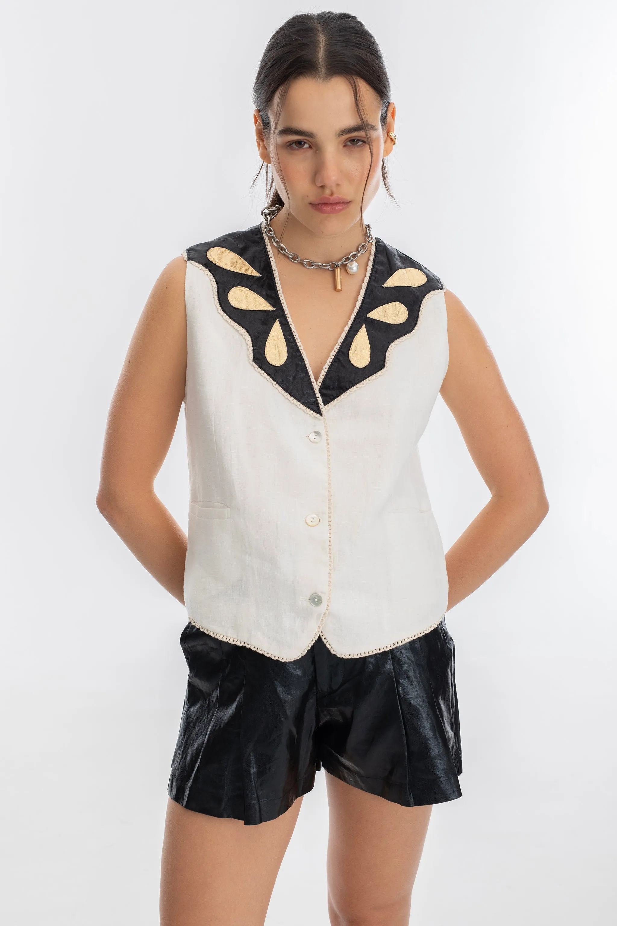 Far West Linen Vest - Off-White with Metallic Black and Gold Appliques