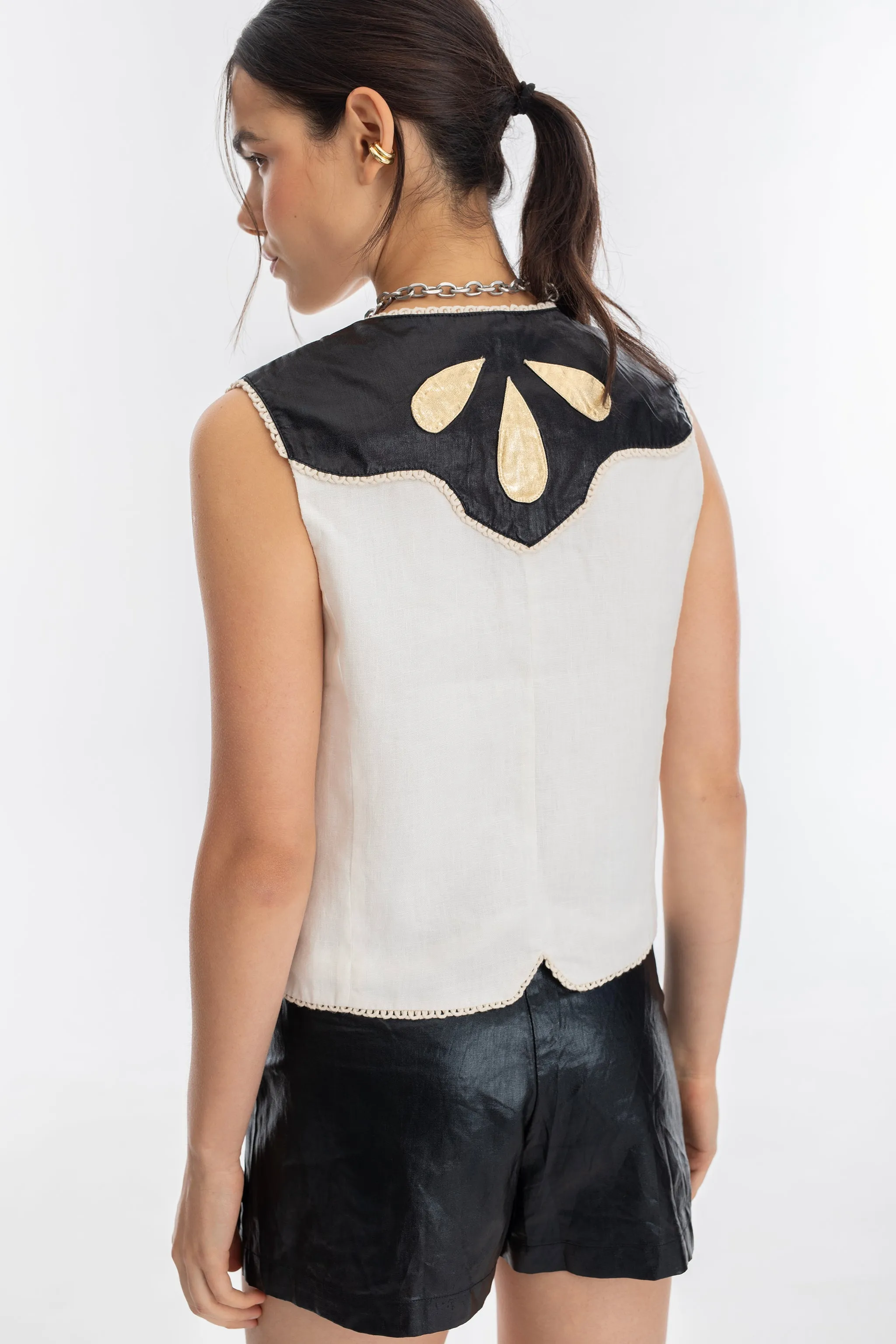 Far West Linen Vest - Off-White with Metallic Black and Gold Appliques