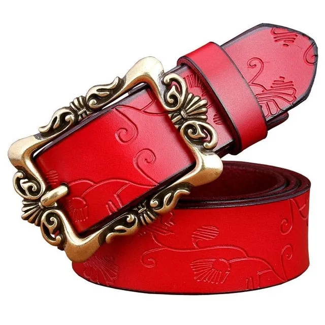 Fashion Wide Genuine leather belts for women Vintage Floral Pin buckle