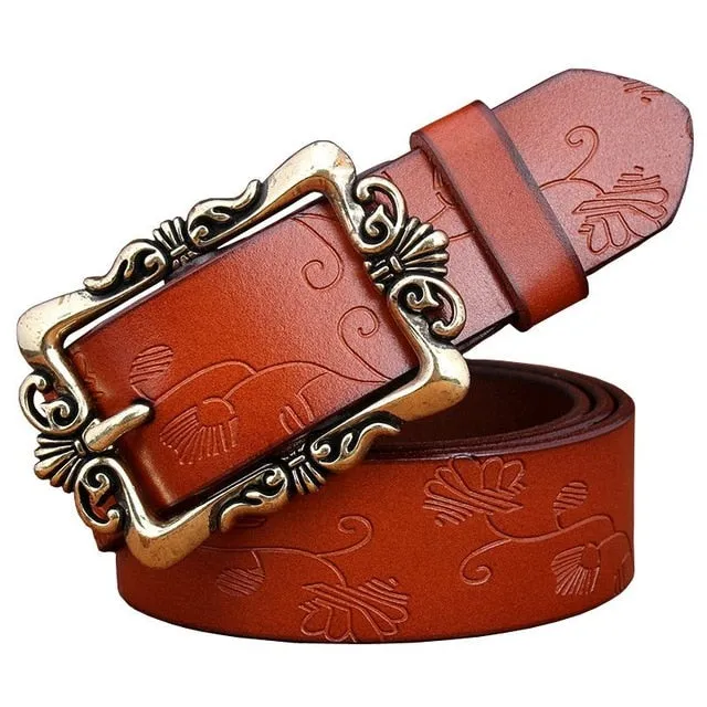 Fashion Wide Genuine leather belts for women Vintage Floral Pin buckle