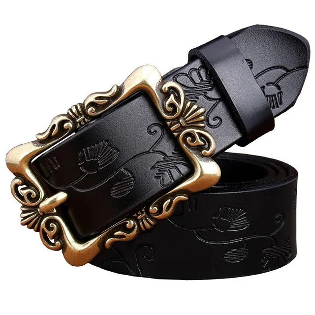 Fashion Wide Genuine leather belts for women Vintage Floral Pin buckle