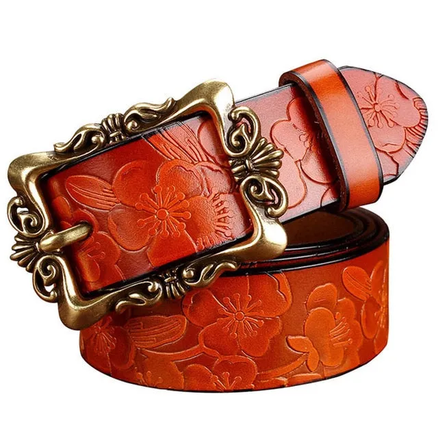 Fashion Wide Genuine leather belts for women Vintage Floral Pin buckle