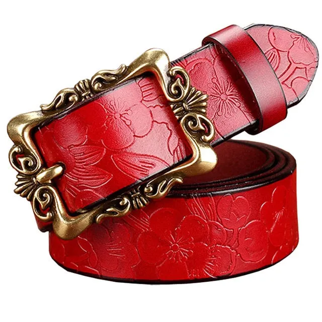 Fashion Wide Genuine leather belts for women Vintage Floral Pin buckle